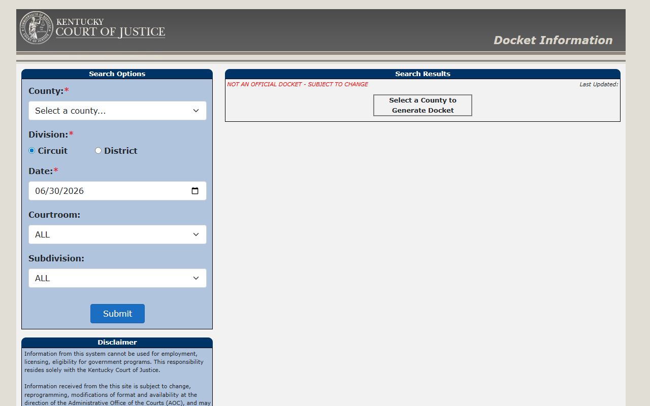 Rockcastle County court records Kentucky docket search fields