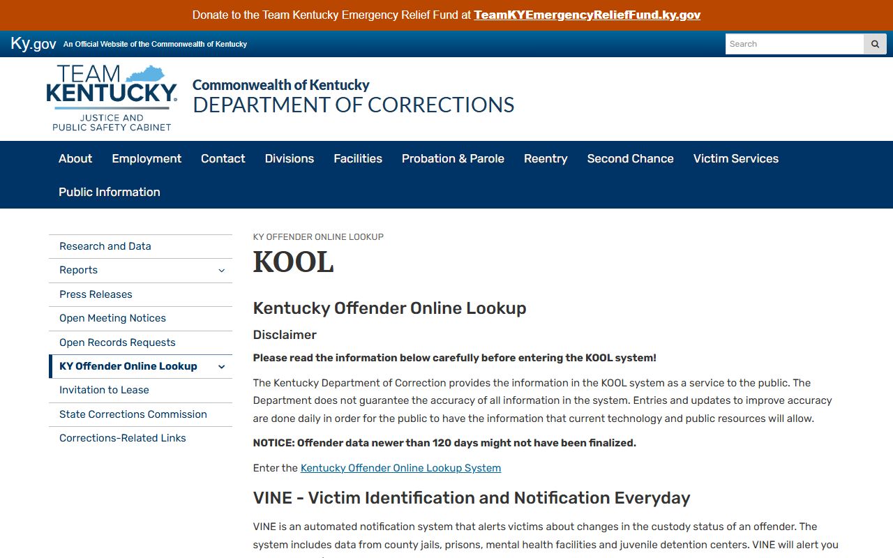 Rockcastle County inmate records Kentucky DOC KOOL offender lookup